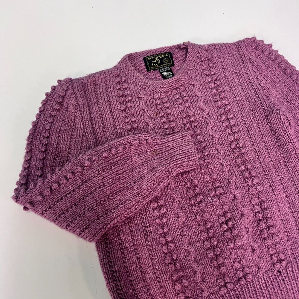 Vtg South Wool Hand Knit Wool Sweater Womens M Mauve Purple Bobble Chunky Cable